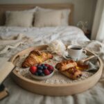 świeże owoce i croissant na białej pościeli