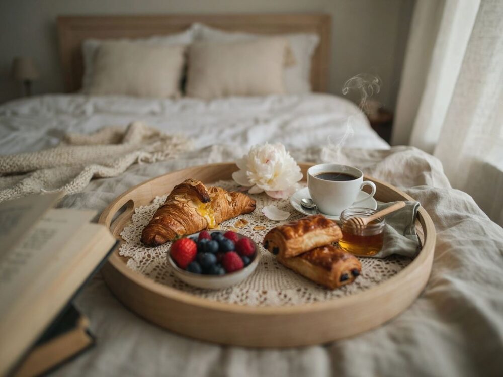 świeże owoce i croissant na białej pościeli