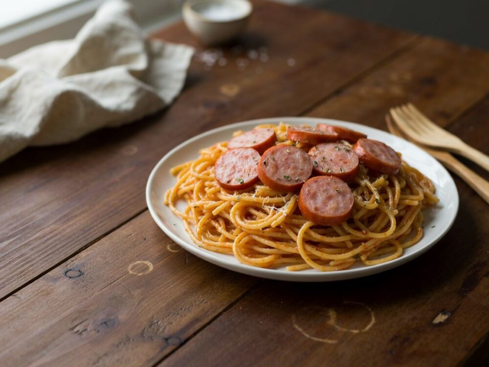 talerz spaghetti z parówkami