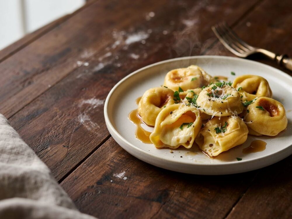 tortellini z serem na talerzu