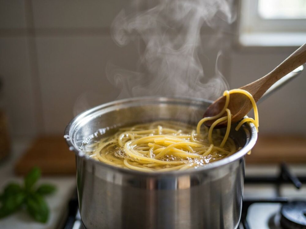 ugotowany al dente makaron na talerzu